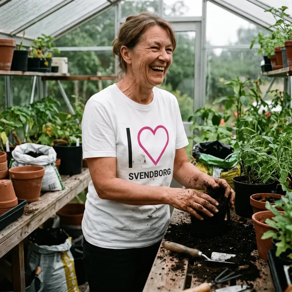 Kvinde i et drivhus i en T-shirt med trykket I love Svendborg
