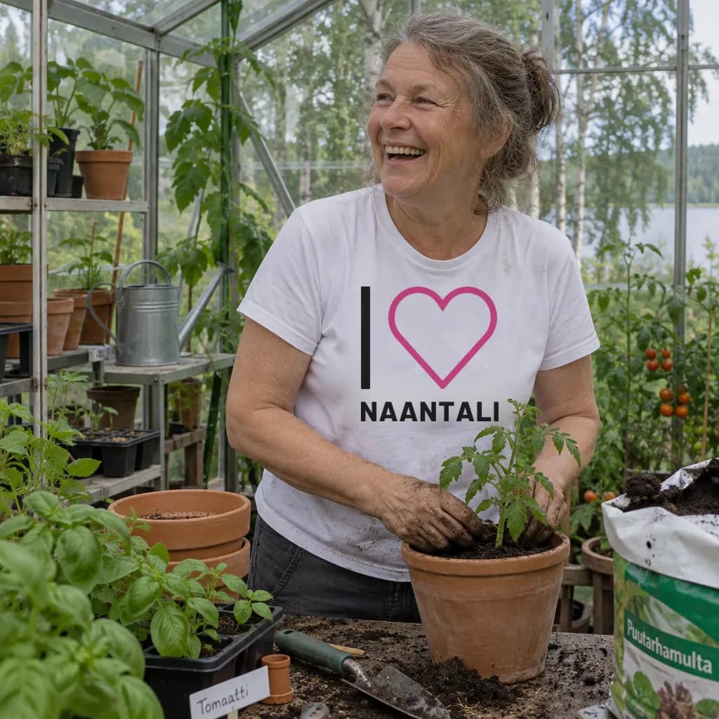 Nainen kasvihuoneessa T-paidassa, jossa on painatus I love Naantali