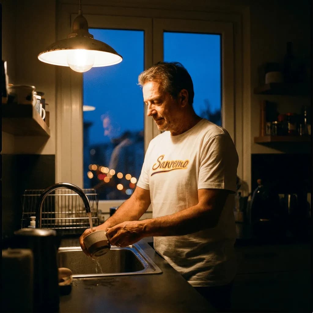 Man vid diskhon med t-shirt med Sanremo-tryck