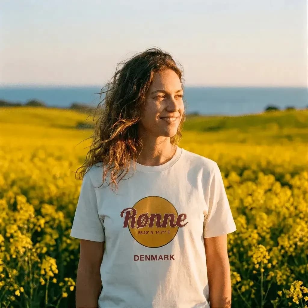 Kvinde i en rapsmark i en T-shirt med Rønne-tryk