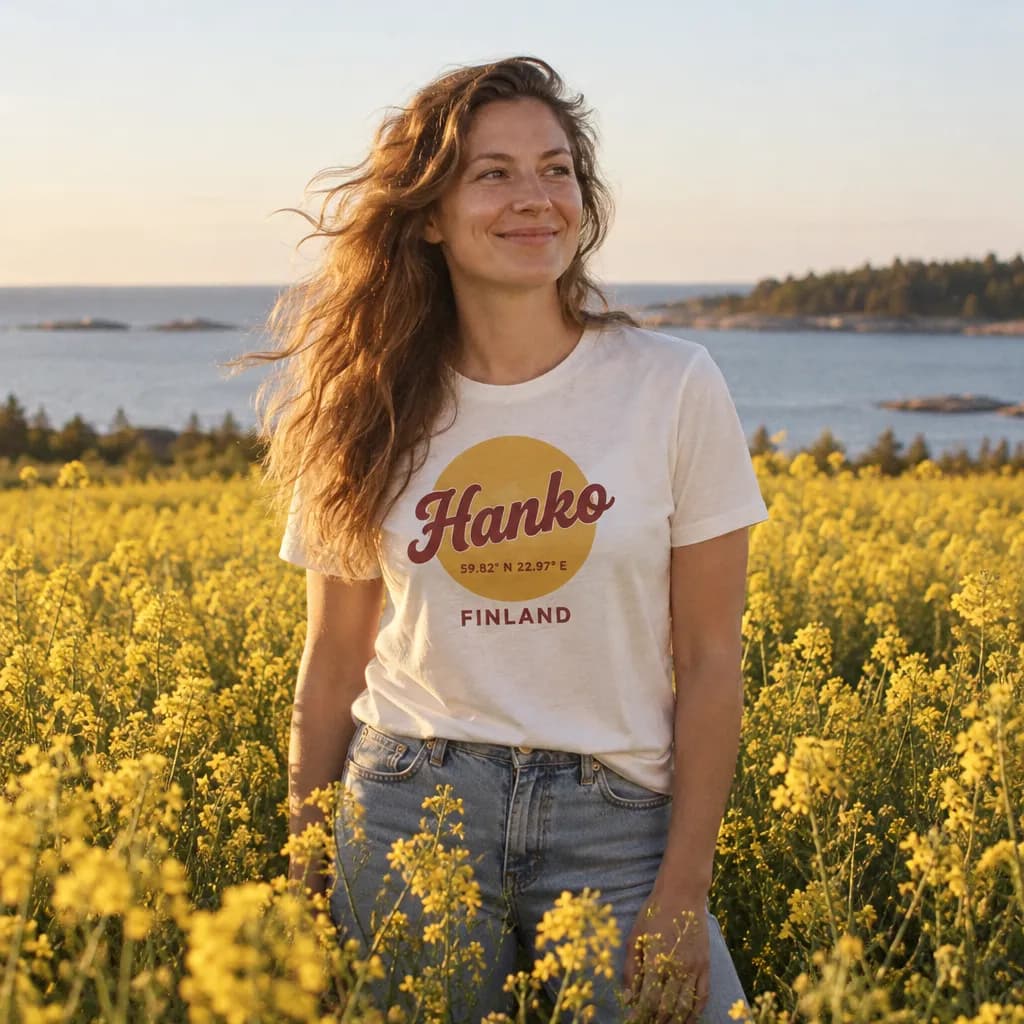 Nainen rapsipellolla Hanko-painatuksella varustetussa T-paidassa