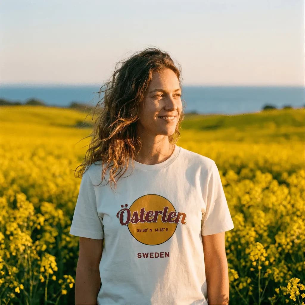 Kvinna i rapsfält med t-shirt med Österlen-tryck