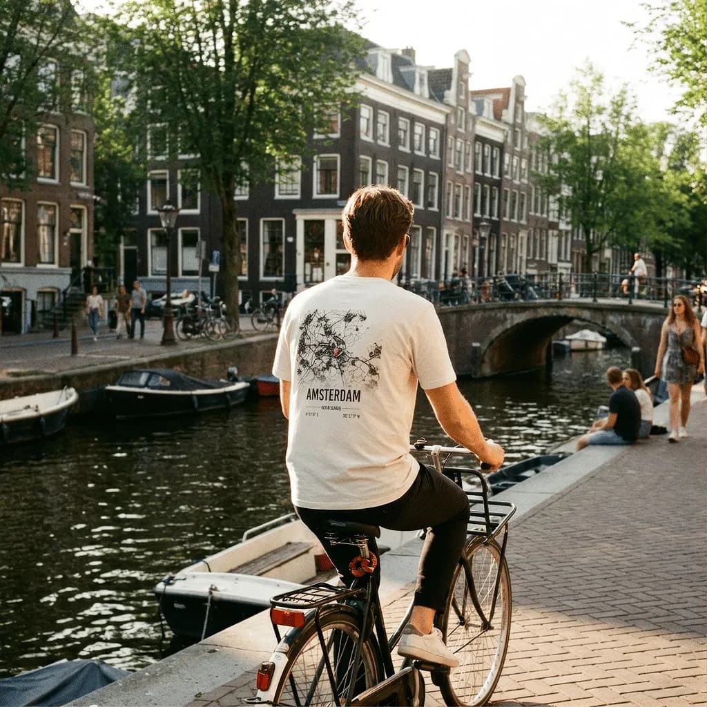 Cyklist vid kanal med t-shirt med kartmotiv på ryggen