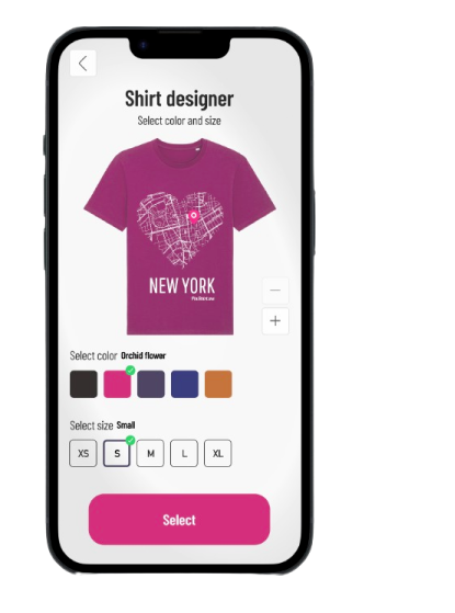 PinShirt App Screen showing map and T-shirt designs