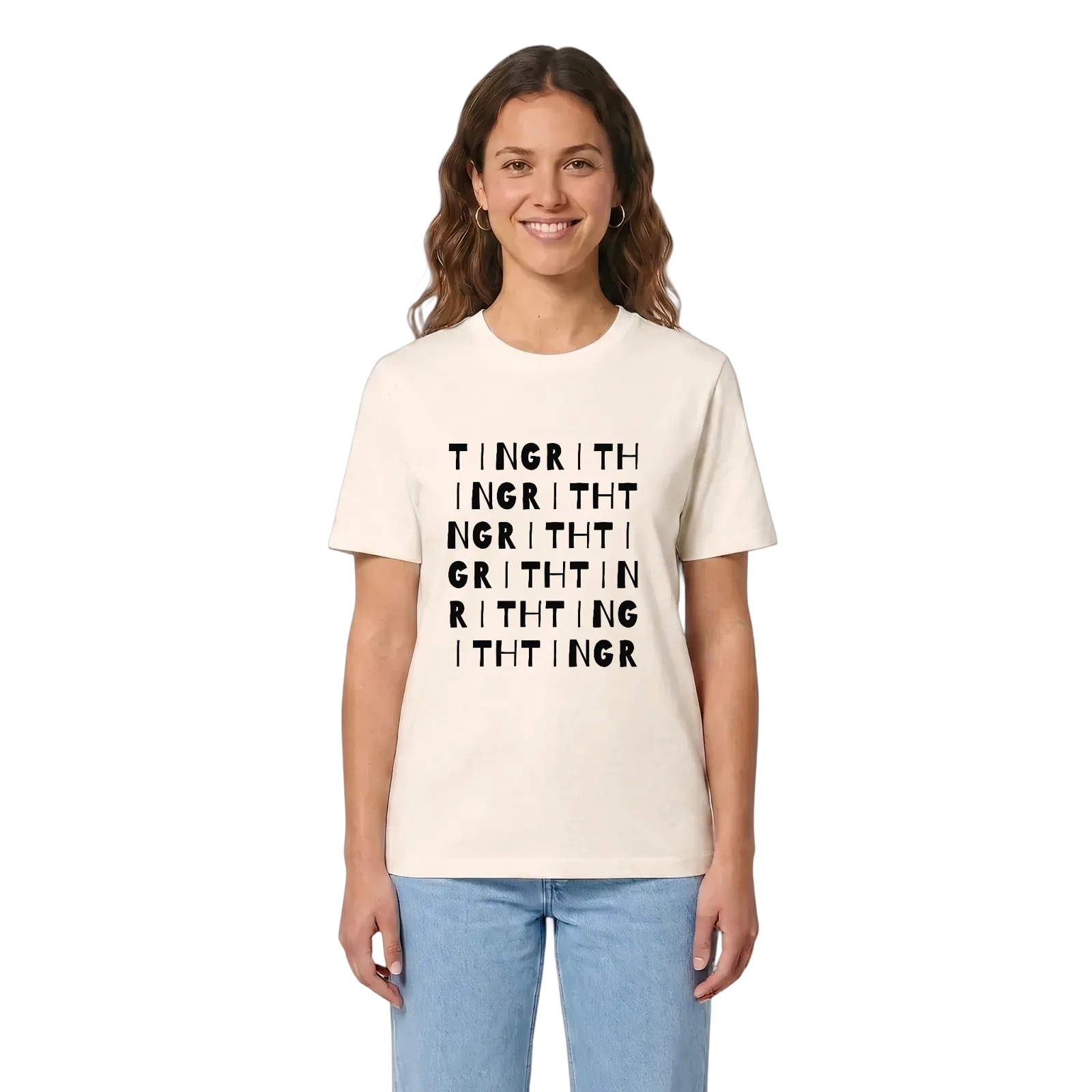 Tingrith wordplay t-shirt – Vintage White, in context