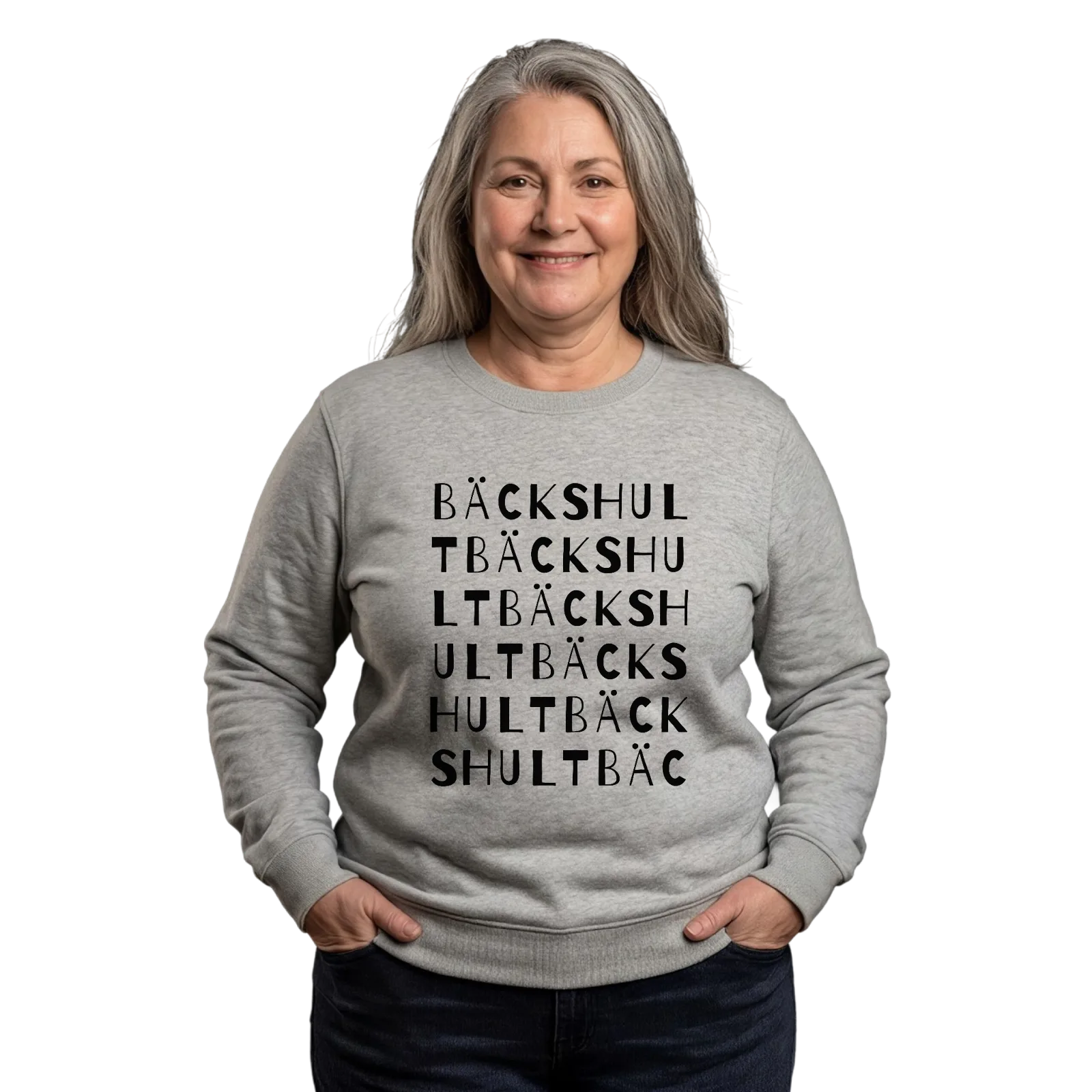 Bäckshult sanaleikki -collegepaita – Heather Grey, käytössä