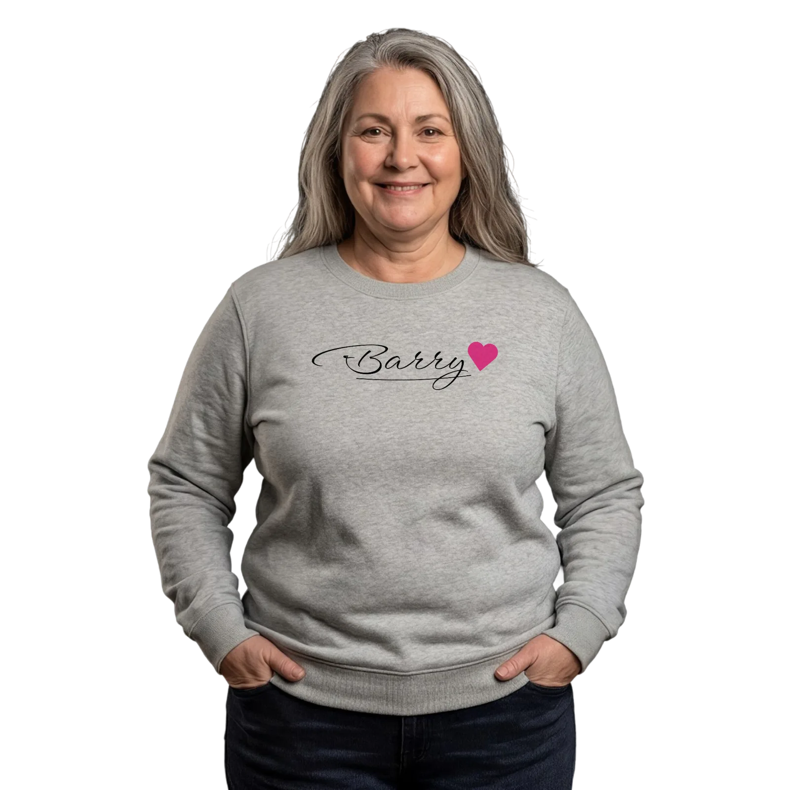 Barry sydän -collegepaita – Heather Grey, käytössä