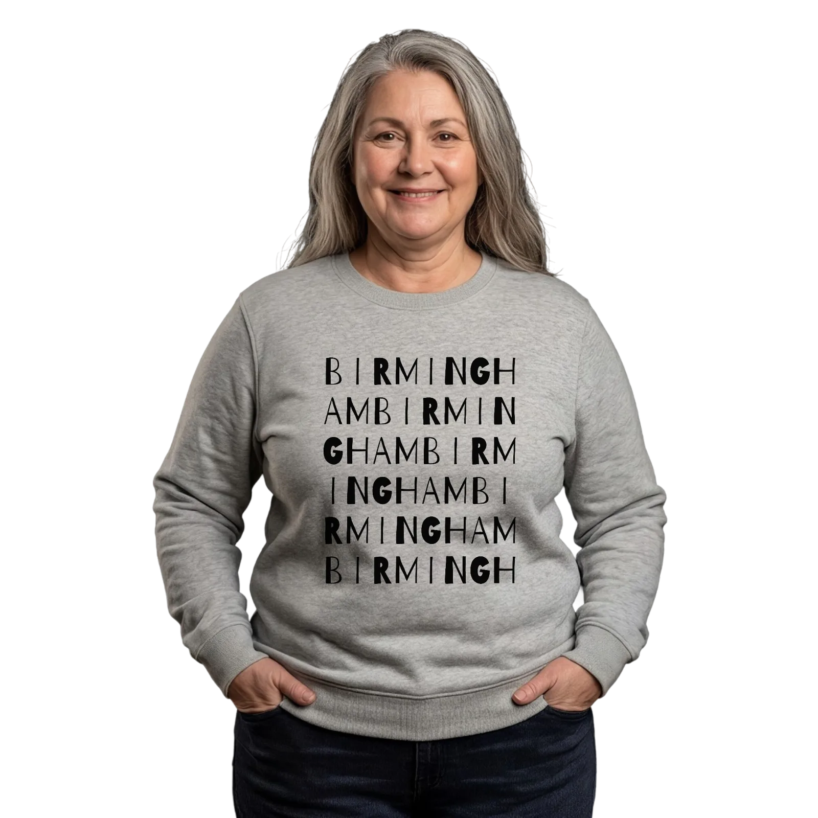 Birmingham sanaleikki -collegepaita – Heather Grey, käytössä