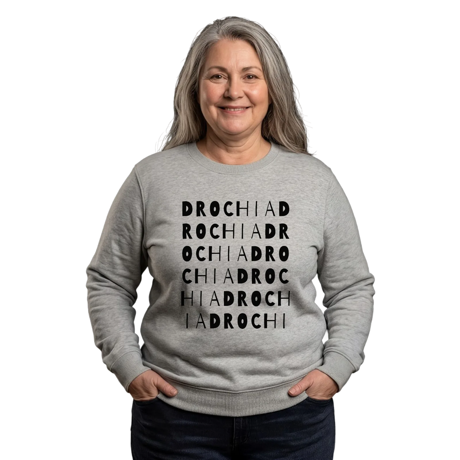 Drochia sanaleikki -collegepaita – Heather Grey, käytössä