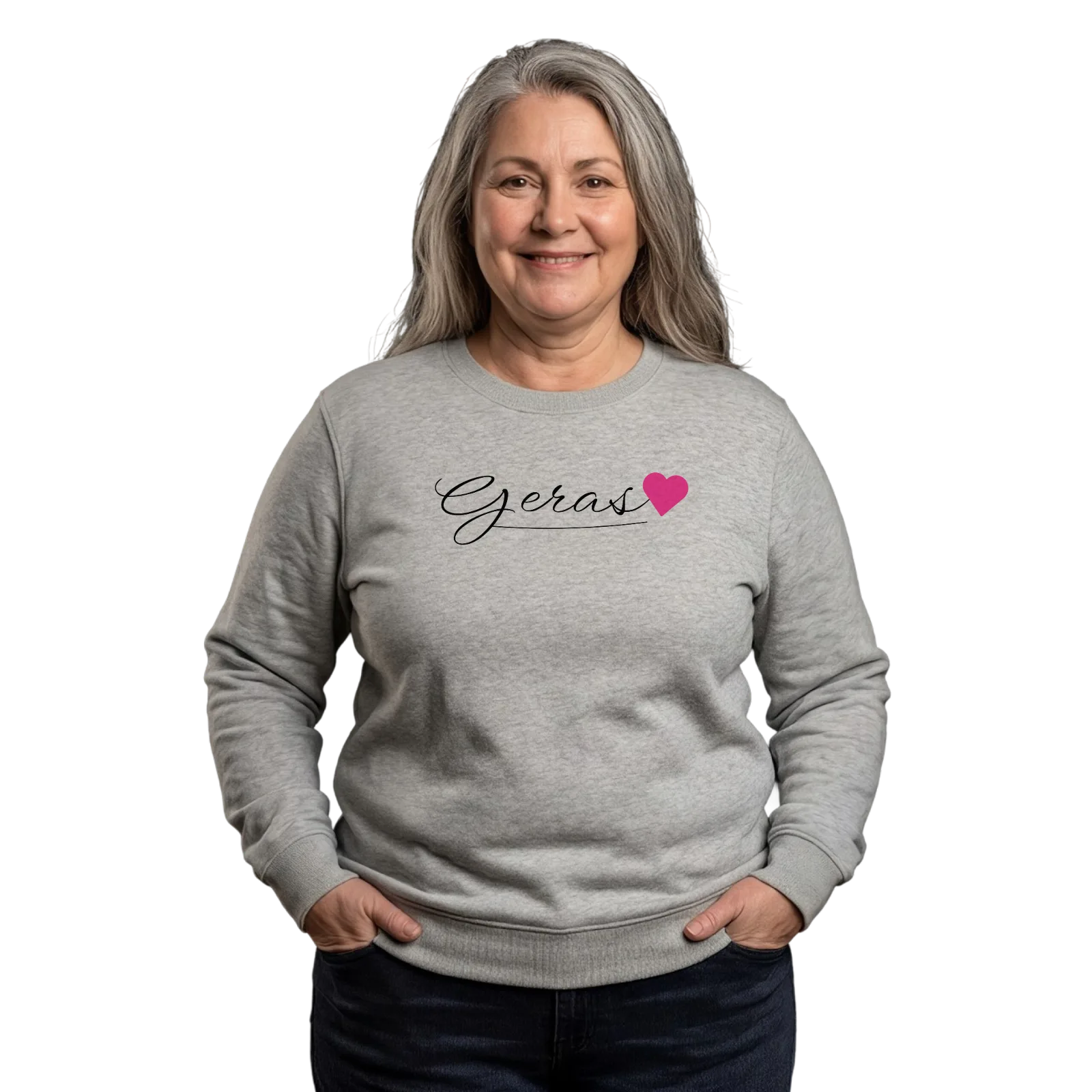 Geras sydän -collegepaita – Heather Grey, käytössä