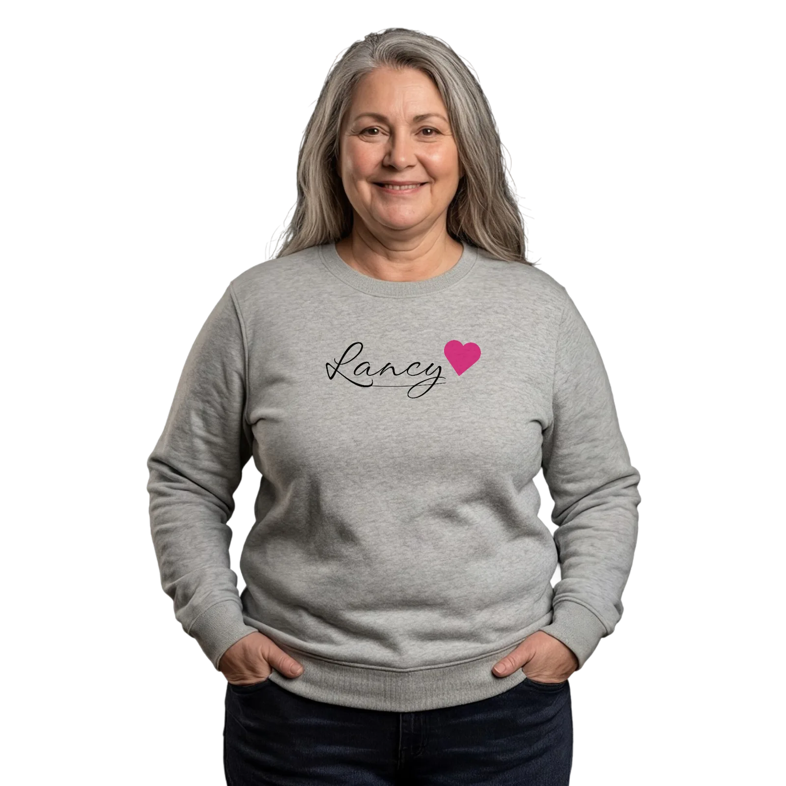 Lancy sydän -collegepaita – Heather Grey, käytössä