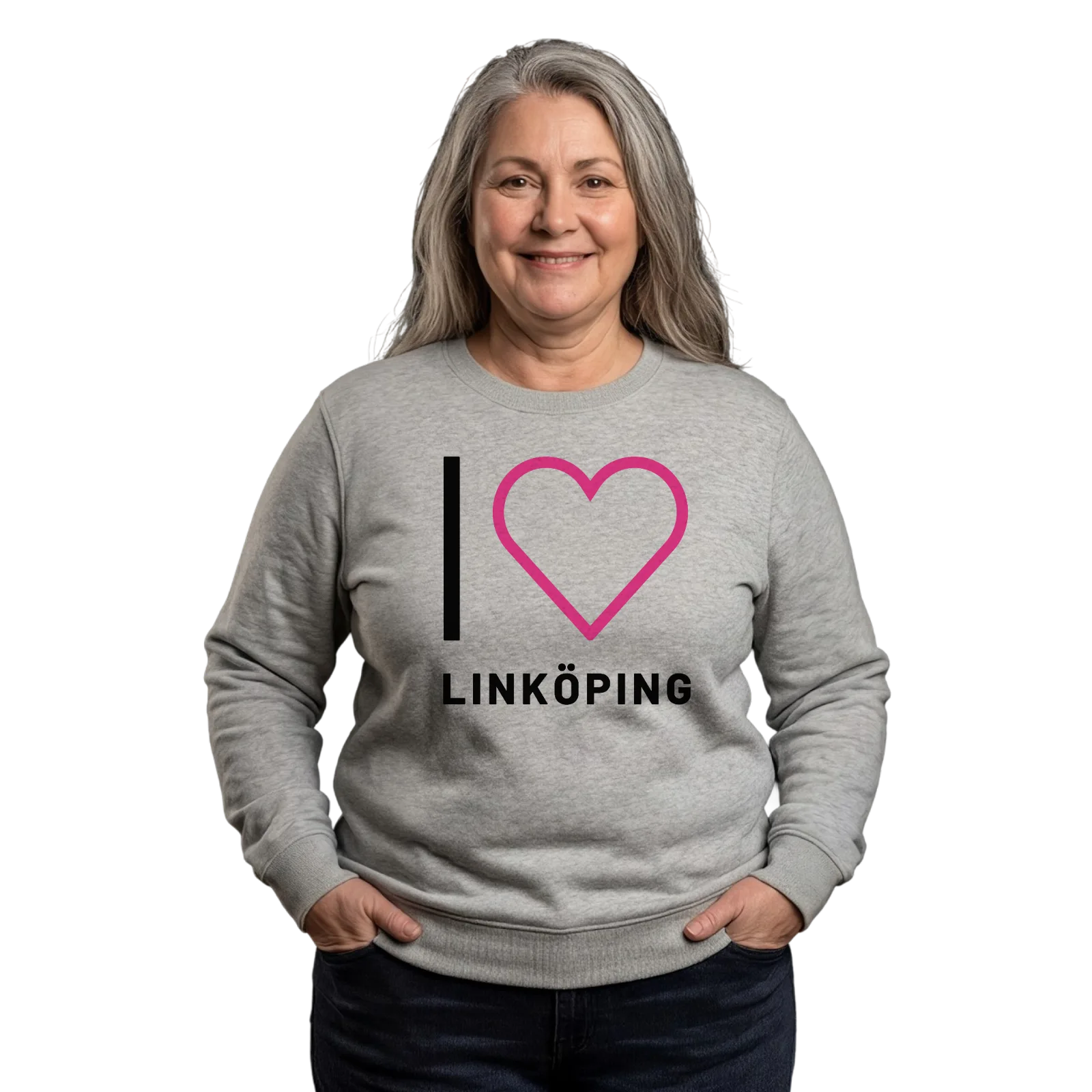I love Linköping -collegepaita, iso painatus – Heather Grey, käytössä