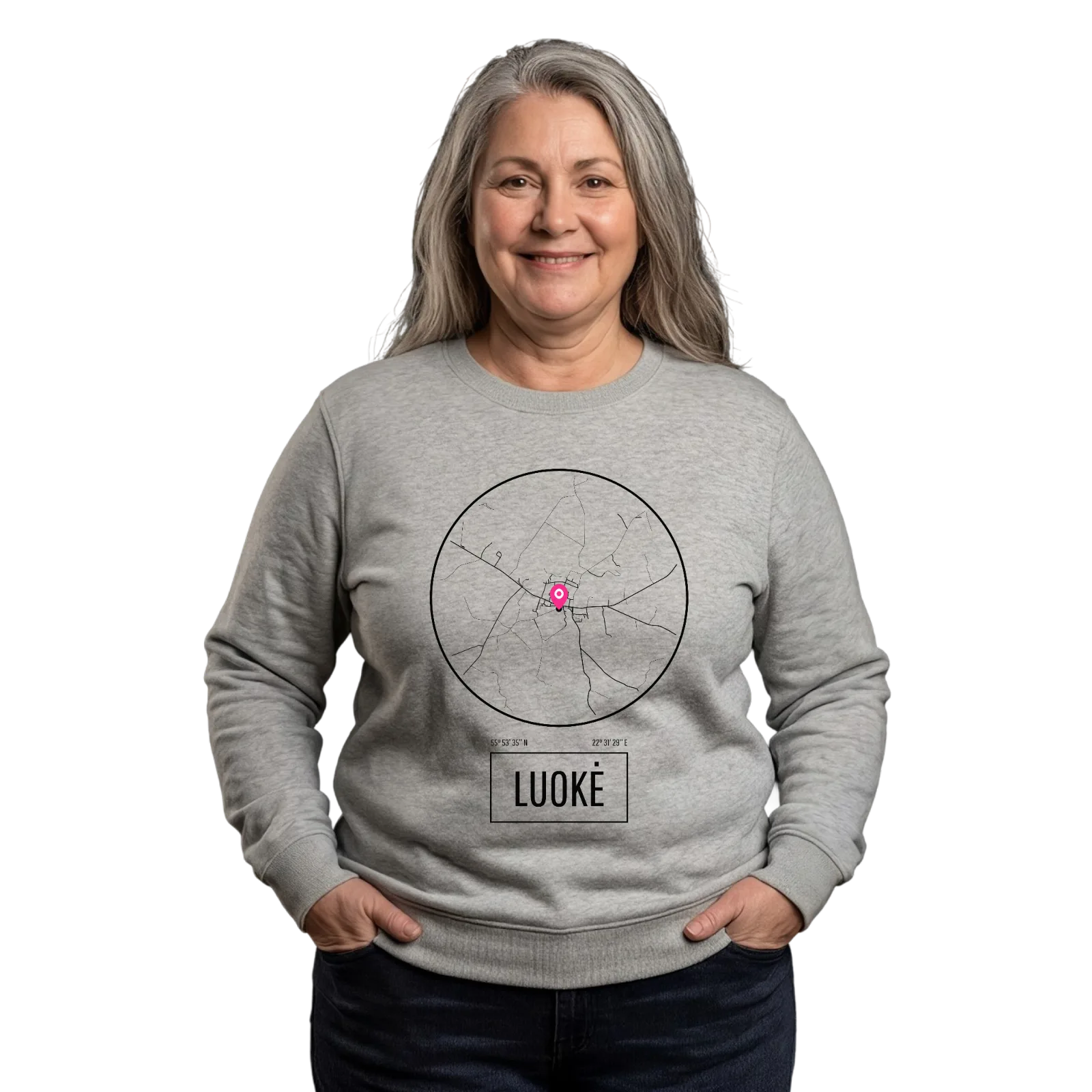 Luokė -collegepaita – Heather Grey, käytössä