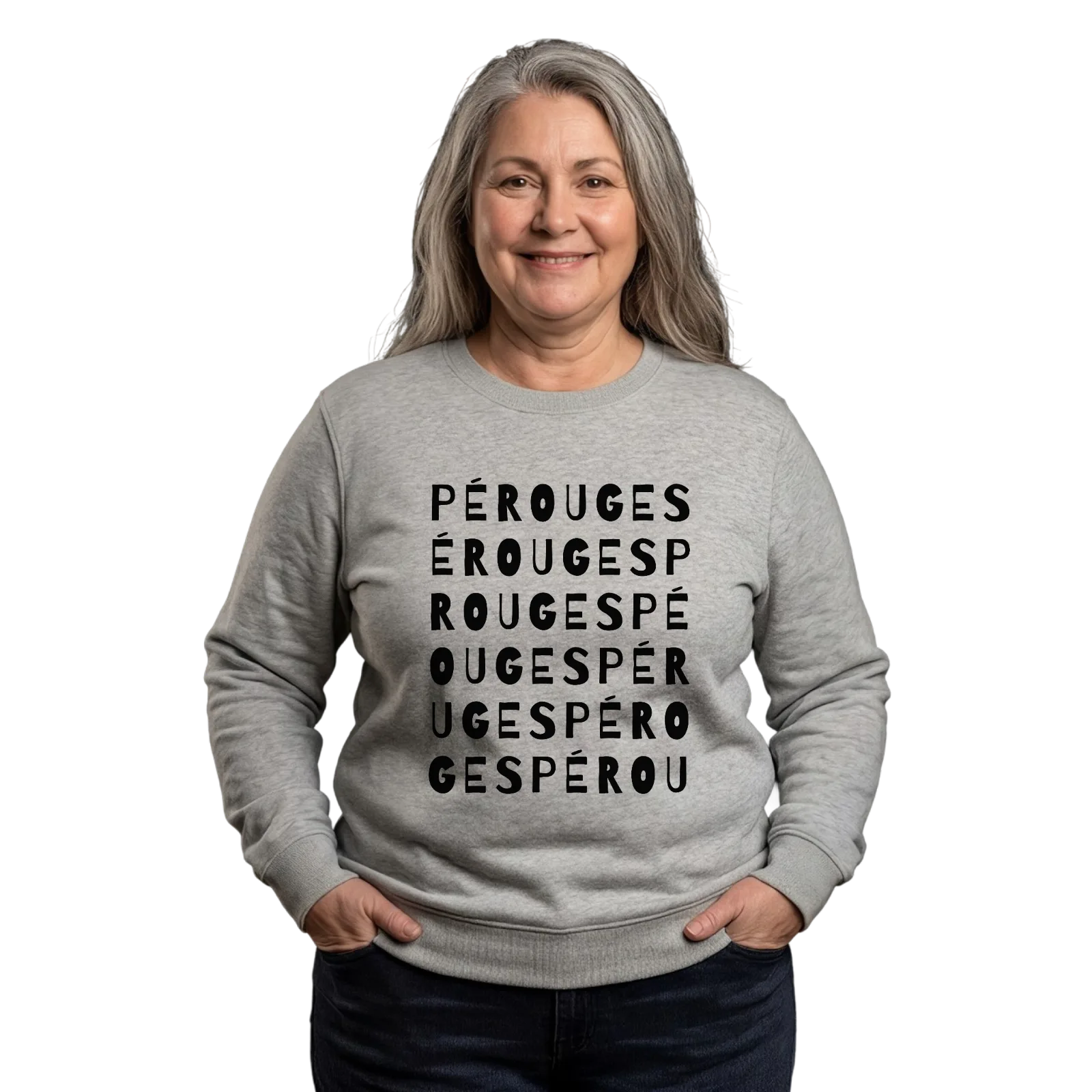 Pérouges sanaleikki -collegepaita – Heather Grey, käytössä
