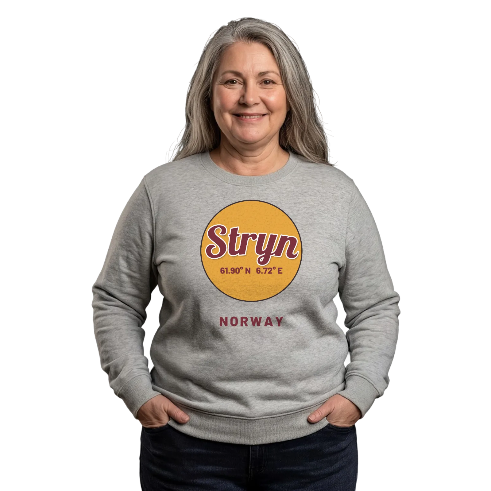 Stryn ympyrä -collegepaita – Heather Grey, käytössä