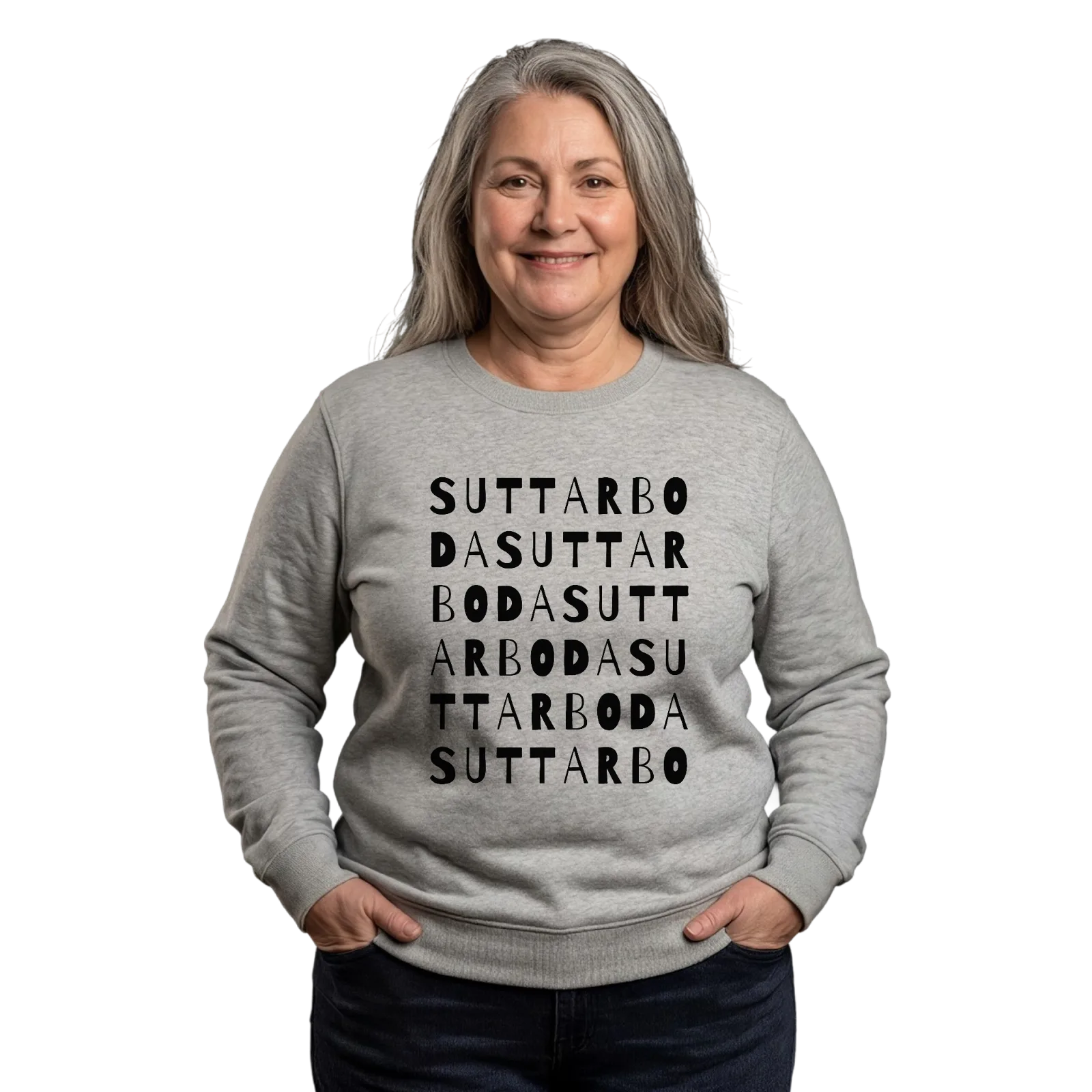 Suttarboda sanaleikki -collegepaita – Heather Grey, käytössä