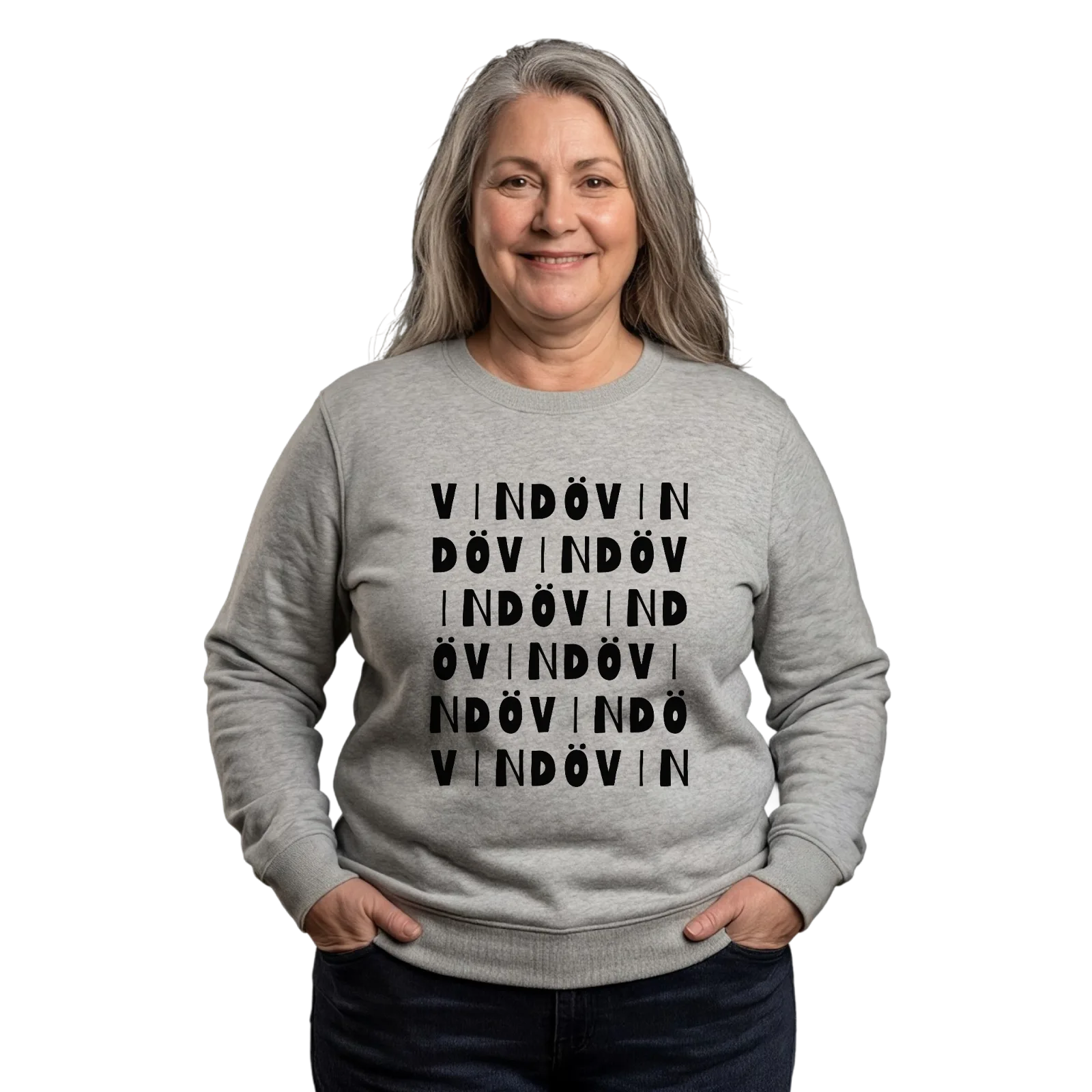Vindö sanaleikki -collegepaita – Heather Grey, käytössä