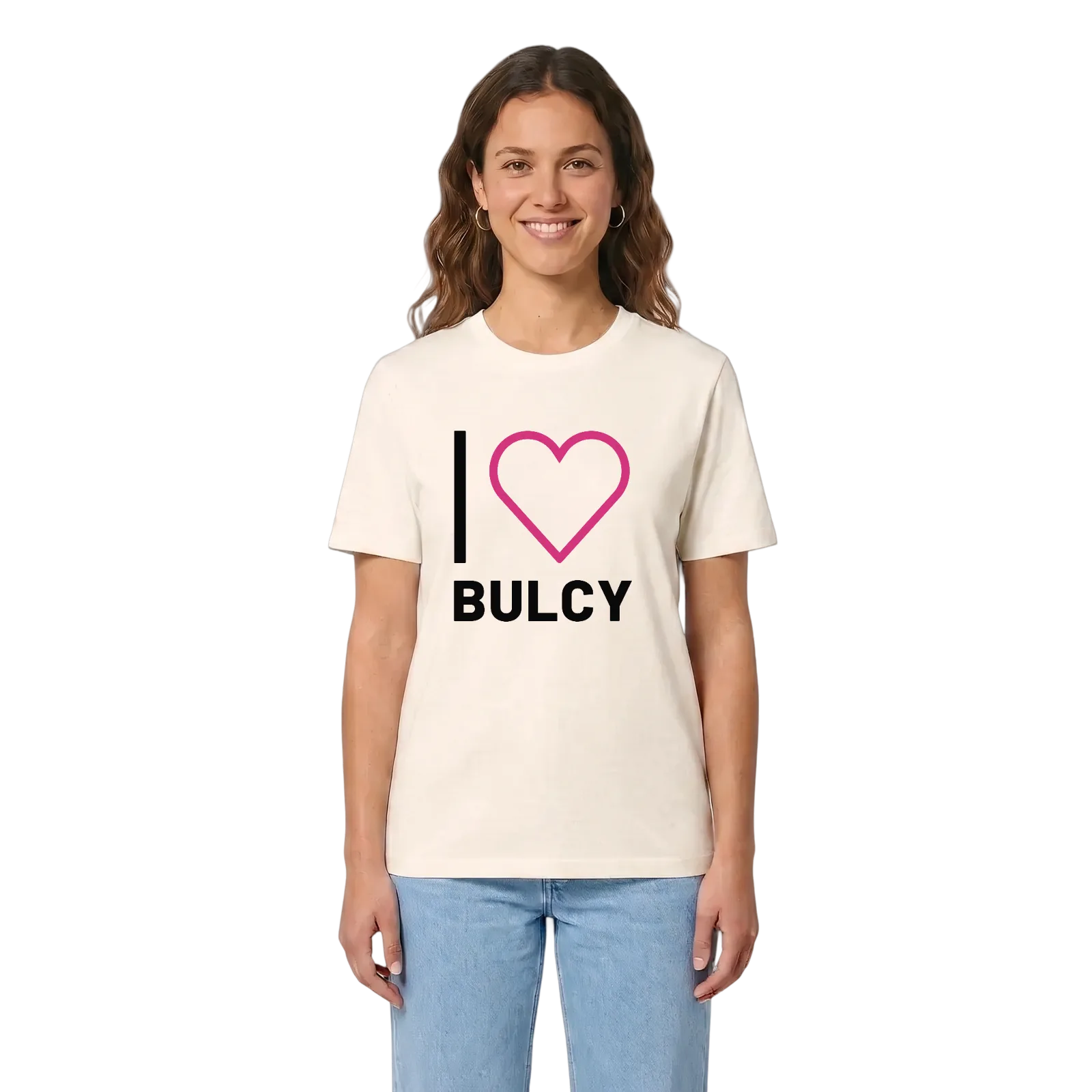 Jag älskar Bulcy t-shirt stort tryck – Vintage White, i miljö