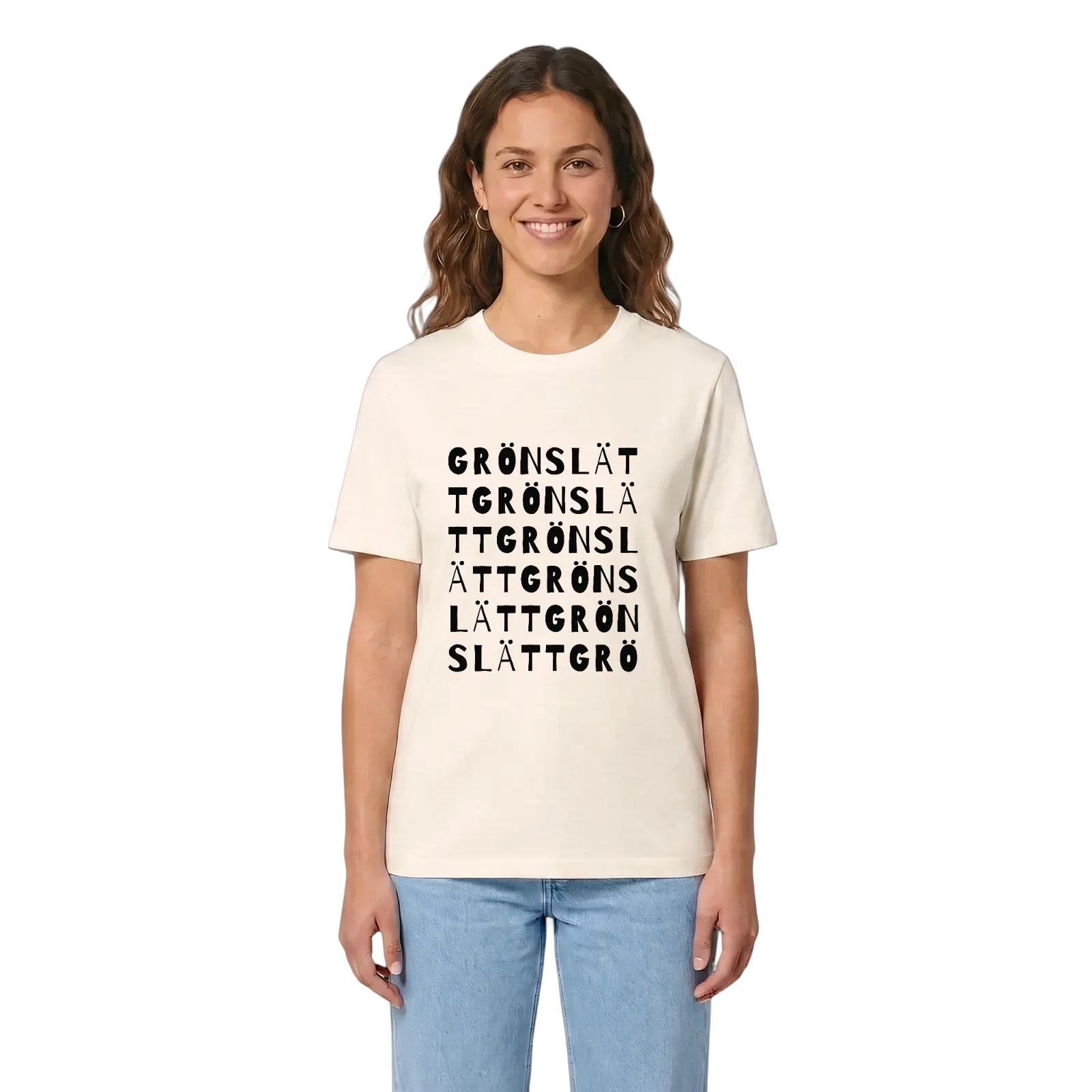 Grönslätt ordlek t-shirt – Vintage White, i miljö