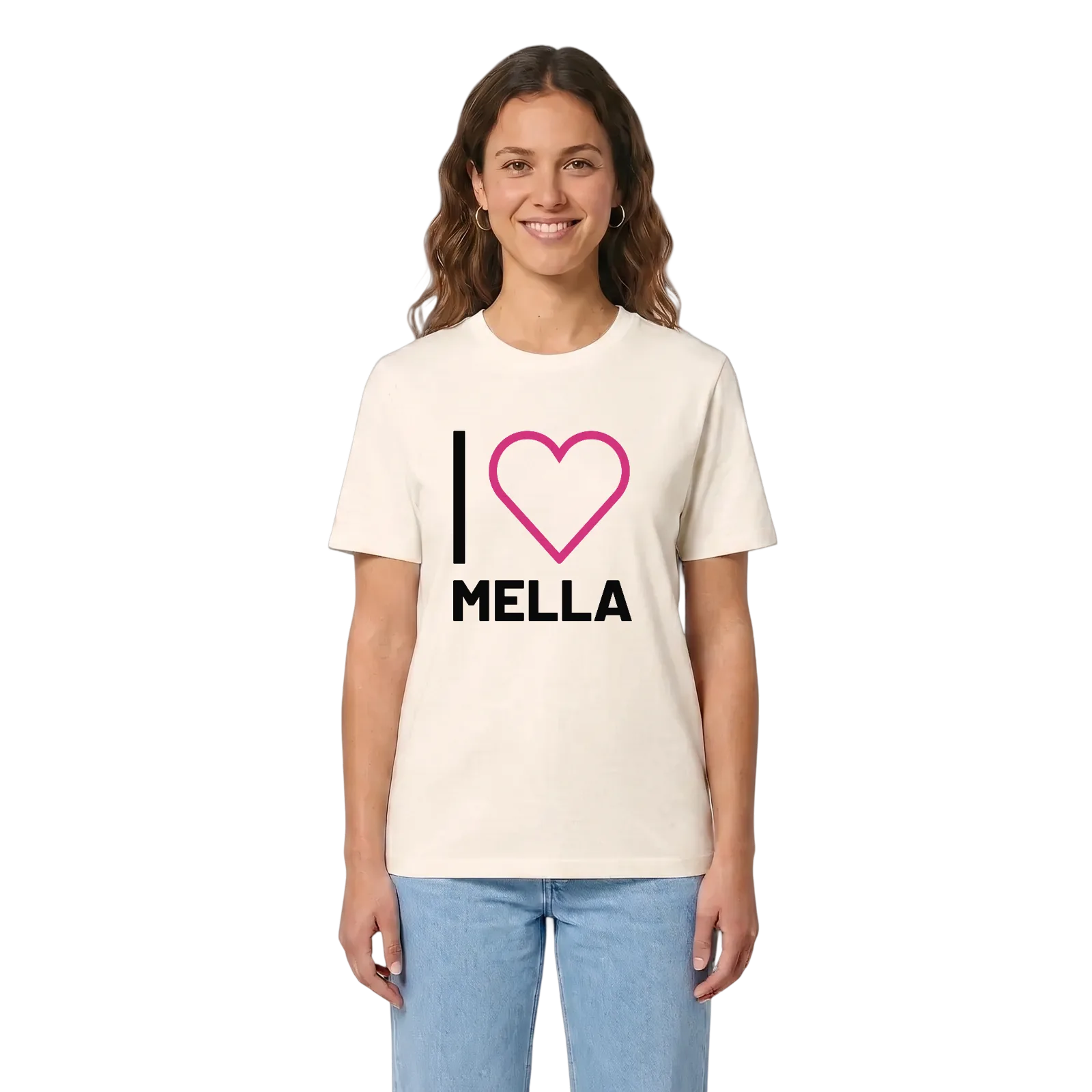 Jag älskar Mella t-shirt stort tryck – Vintage White, i miljö