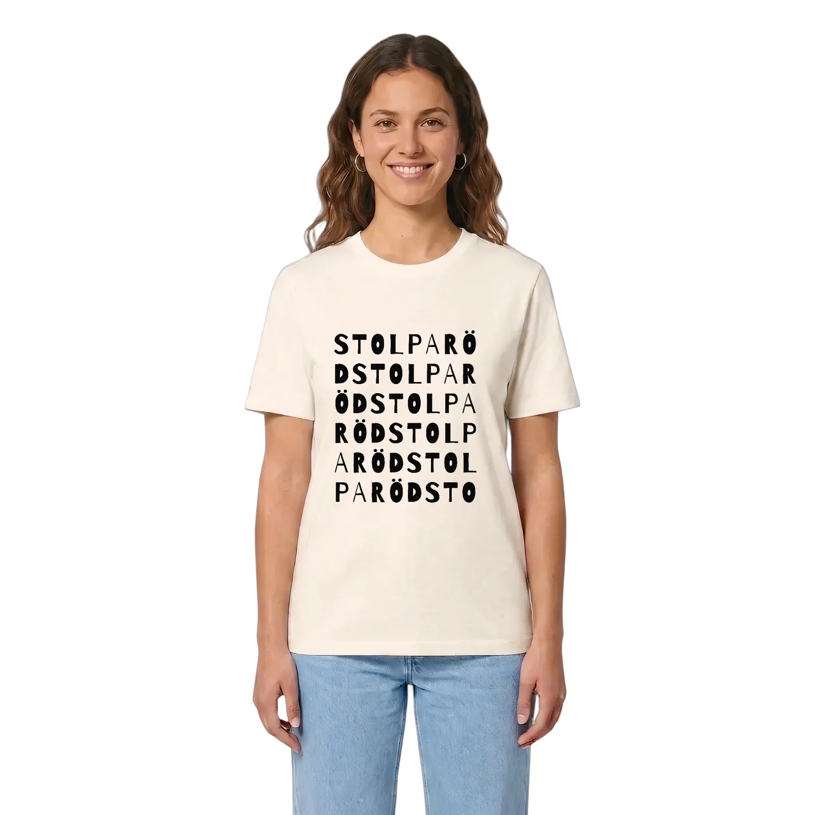 Stolparöd ordlek t-shirt – Vintage White, i miljö