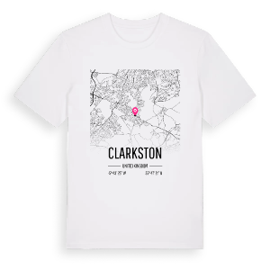 Clarkston karta t-shirt – ekologisk bomull t-shirt från Pinshirt