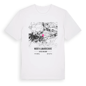 North Lanarkshire karta t-shirt – ekologisk bomull t-shirt från Pinshirt