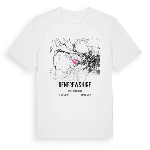 Renfrewshire karta t-shirt – ekologisk bomull t-shirt från Pinshirt