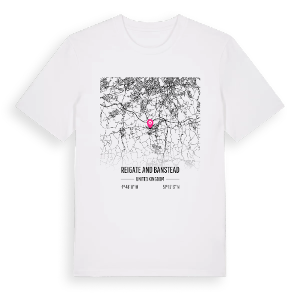 Reigate and Banstead karta t-shirt – ekologisk bomull t-shirt från Pinshirt