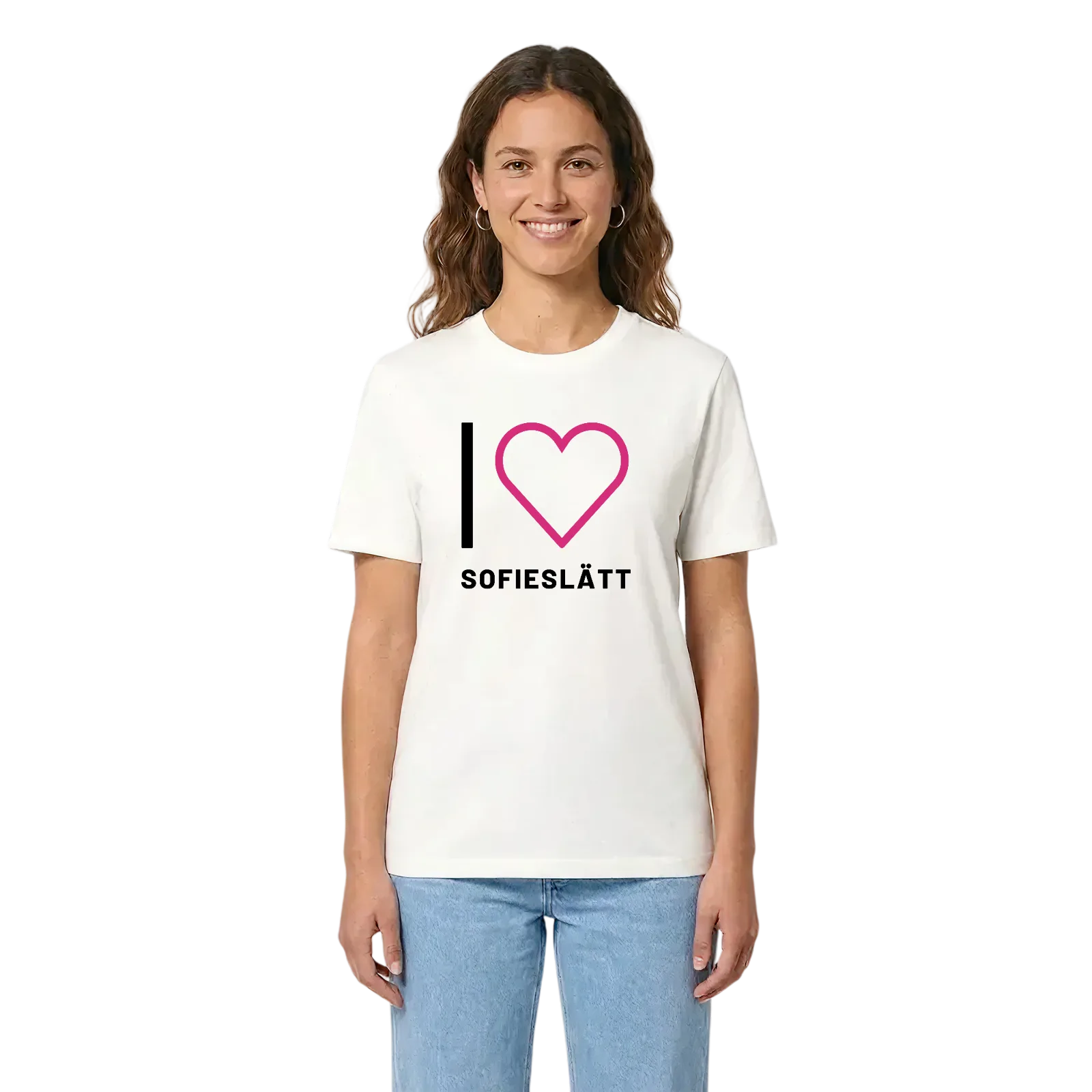 Jag älskar Sofieslätt t-shirt stort tryck – White, i miljö