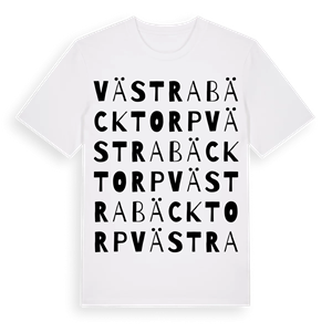 Västra Bäcktorp ordlek t-shirt – ekologisk bomull t-shirt från Pinshirt