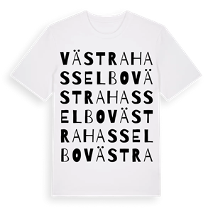 Västra Hasselbo ordlek t-shirt – ekologisk bomull t-shirt från Pinshirt