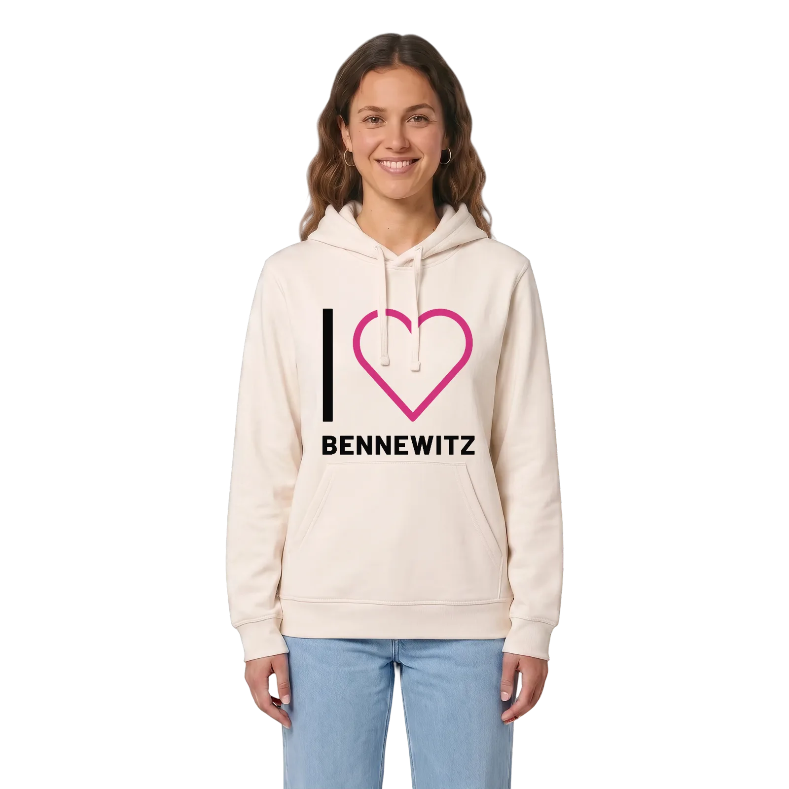 Jag älskar Bennewitz hoodie stort tryck – Vintage White, i miljö