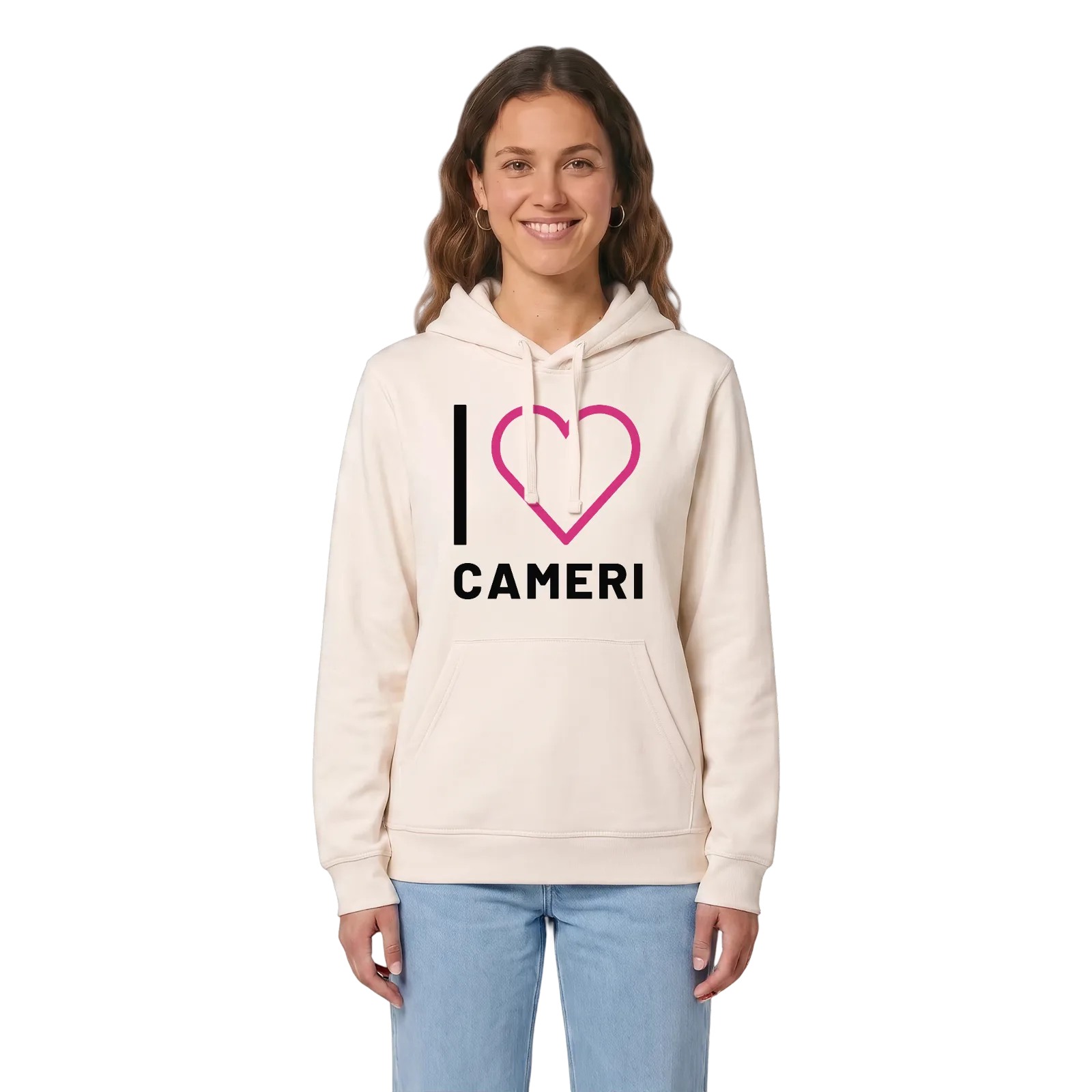 Jag älskar Cameri hoodie stort tryck – Vintage White, i miljö