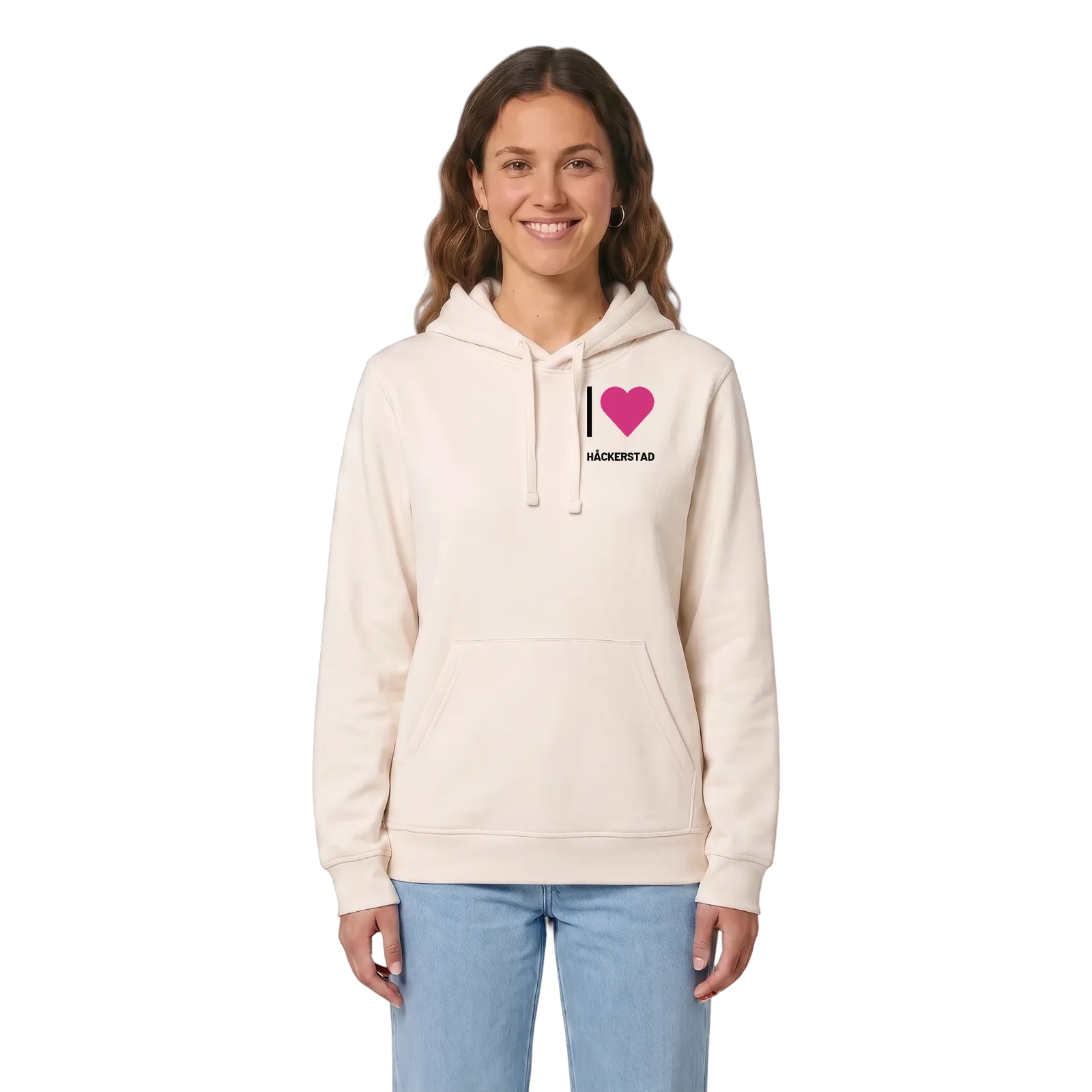 Jag älskar Håckerstad hoodie litet tryck – Vintage White, i miljö