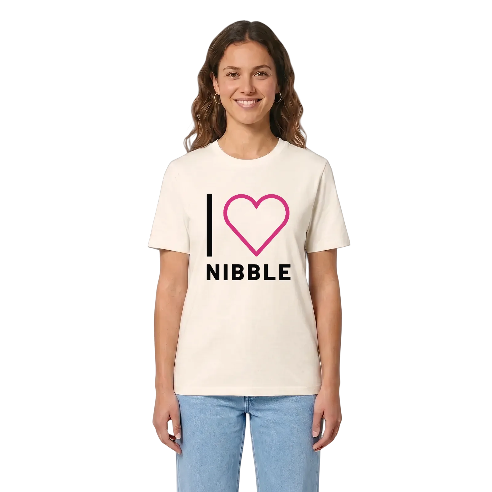 Jag älskar Nibble t-shirt stort tryck – Vintage White, i miljö