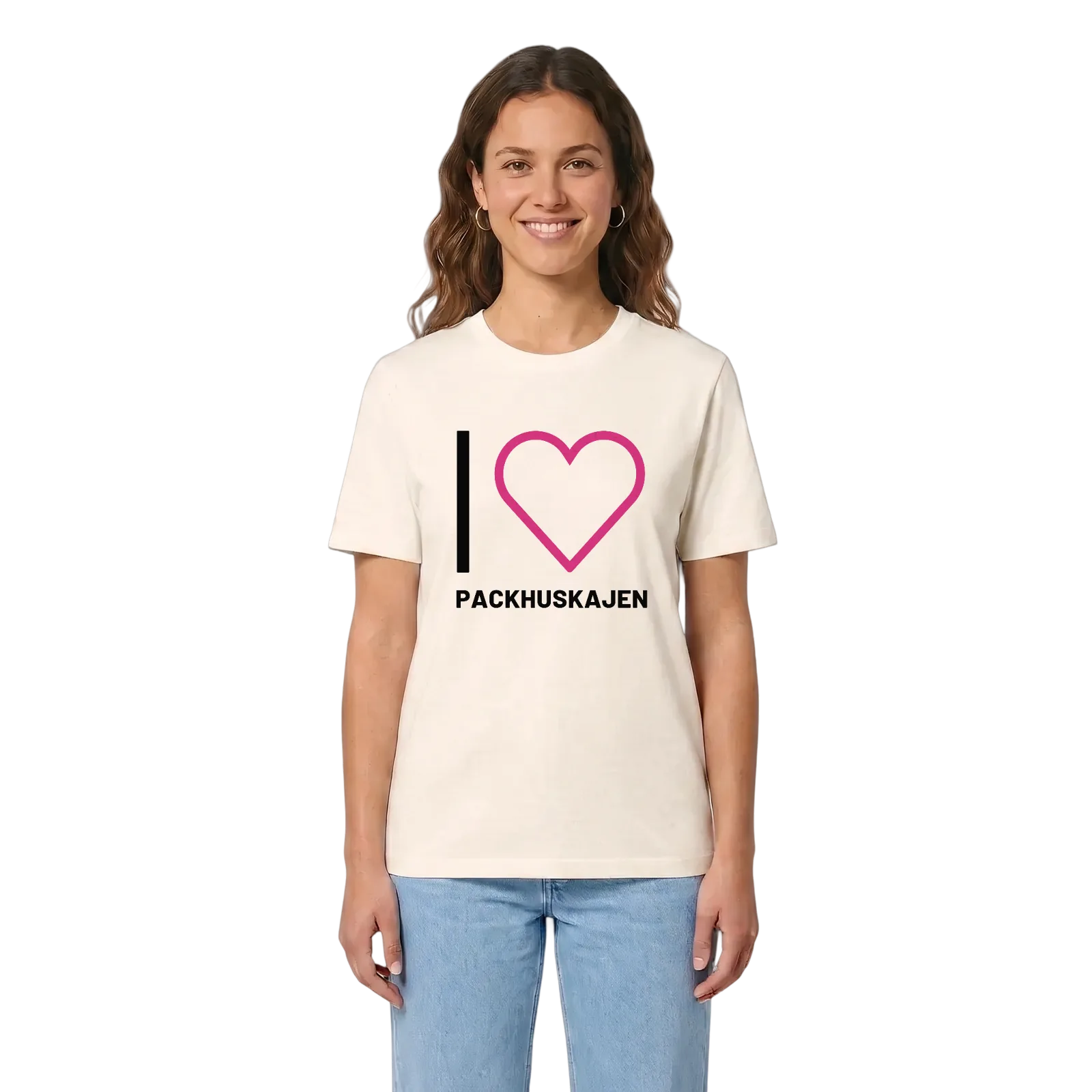 Jag älskar Packhuskajen t-shirt stort tryck – Vintage White, i miljö