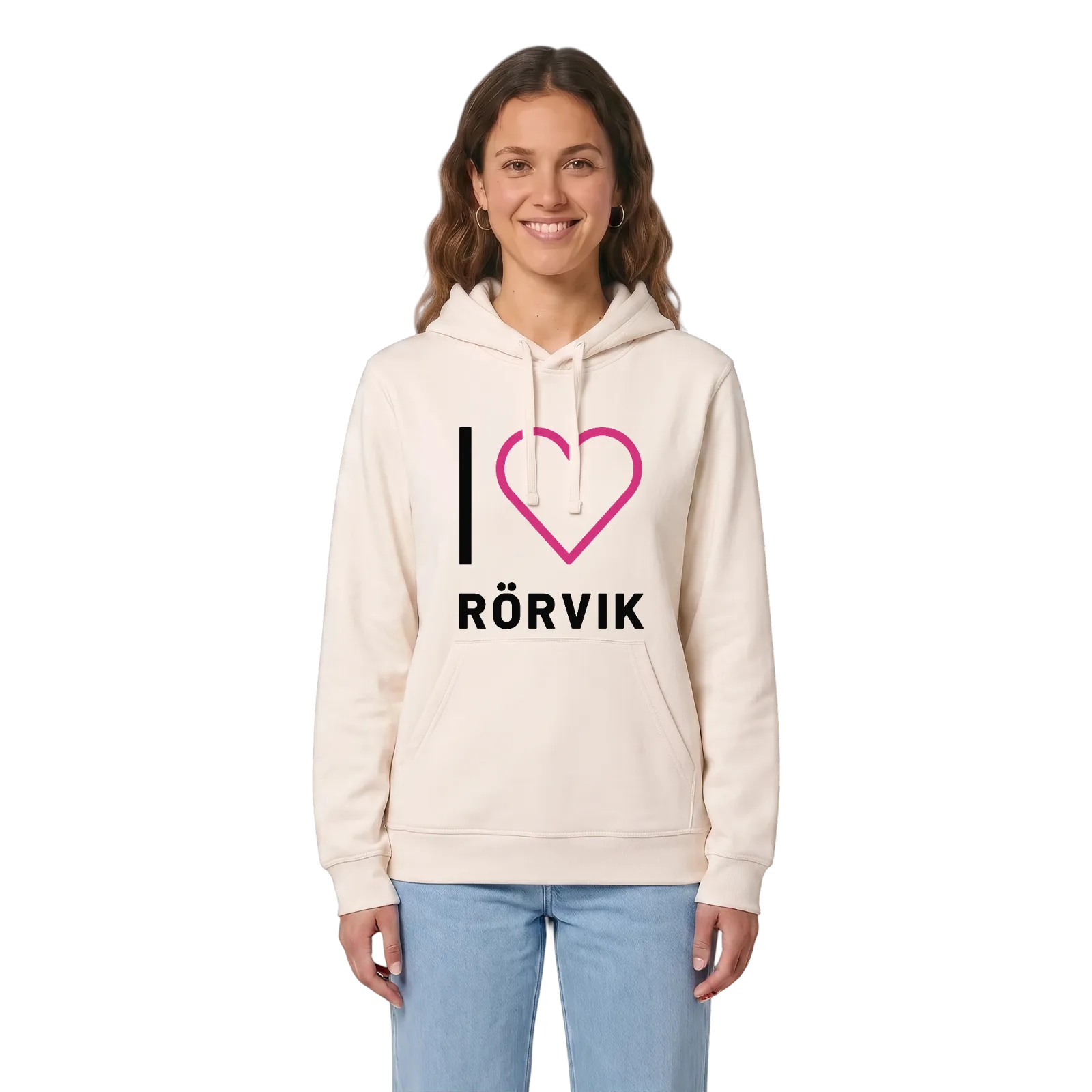 Jag älskar Rörvik hoodie stort tryck – Vintage White, i miljö