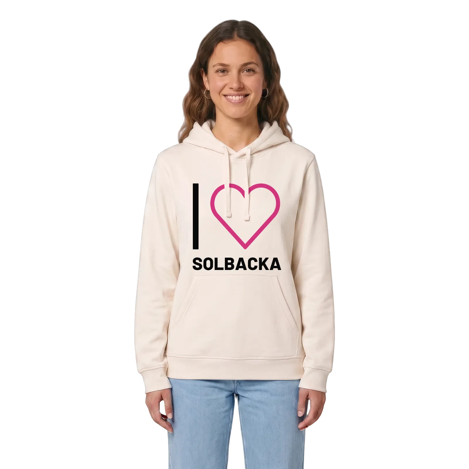 Jag älskar Solbacka hoodie stort tryck – Vintage White, i miljö