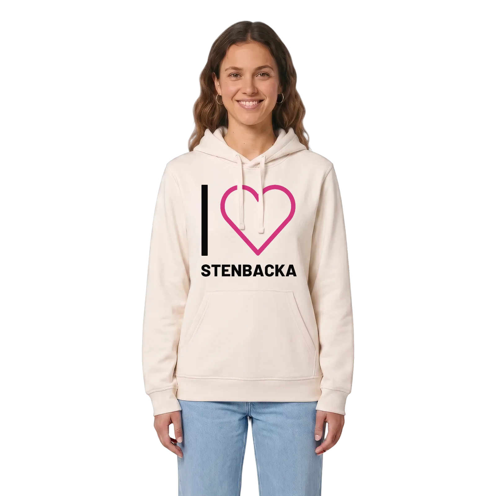 Jag älskar Stenbacka hoodie stort tryck – Vintage White, i miljö
